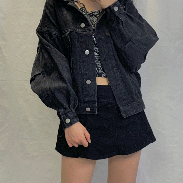 [유니크 디테일] 코튼 데님 오버핏 청자켓 블랙 화이트 연청 벌룬 소매