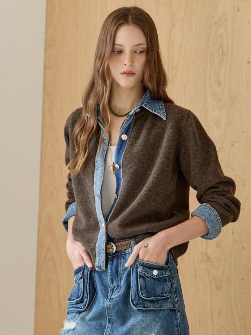 워싱 데님 셔츠 카라 블록 니트 가디건