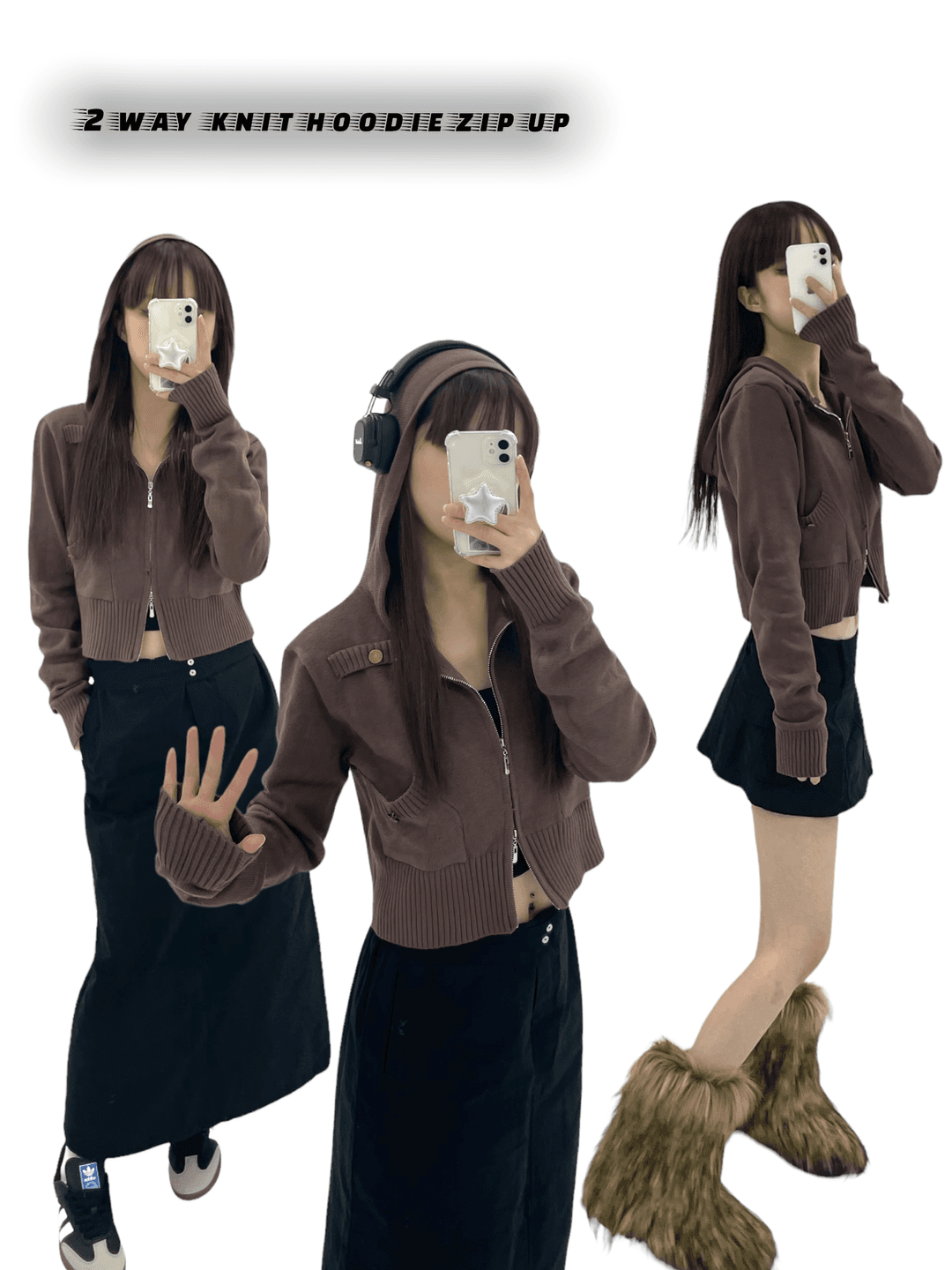 2 way knit hoodie zip up