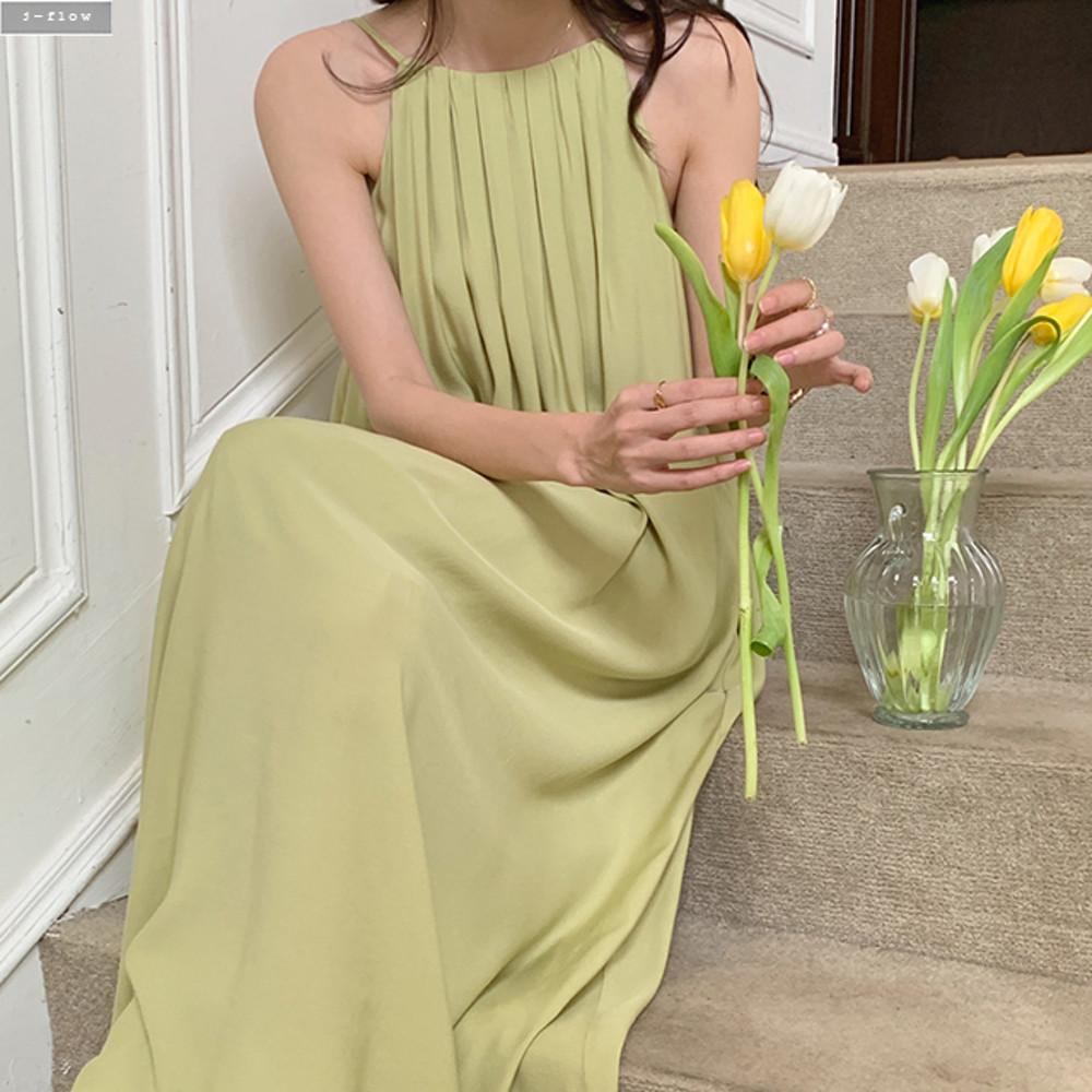 보엠 맥시 새틴 실키 플리츠 민소매 롱원피스 3col 여름 백리스 루즈핏 홀터 나시 제이플로우