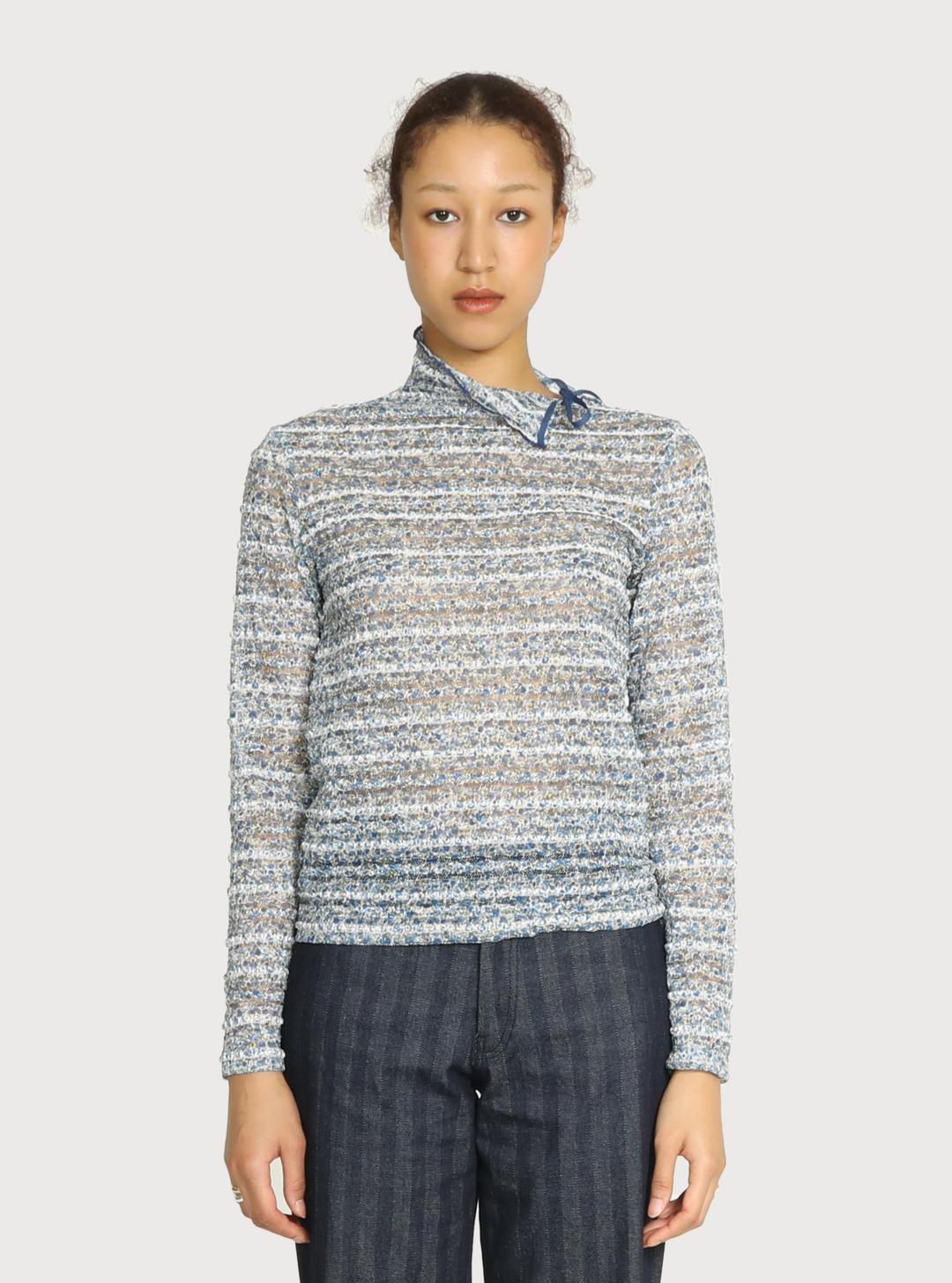 Slit Neck Collar Laced Top - blue