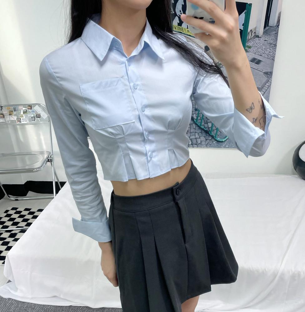 (2color) 핀턱 크롭 스판 셔츠