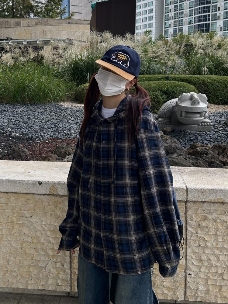 [Unisex] 오버핏 빈티지 체크 후드 셔츠