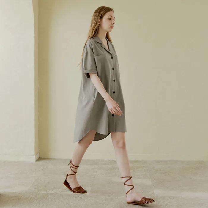 Oversized Boyfit Linen Shirt Dress - Khaki