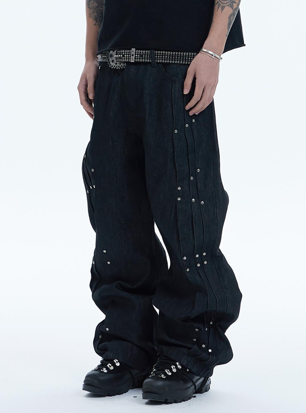 Asym Pleated Studded Raw Denim Pants