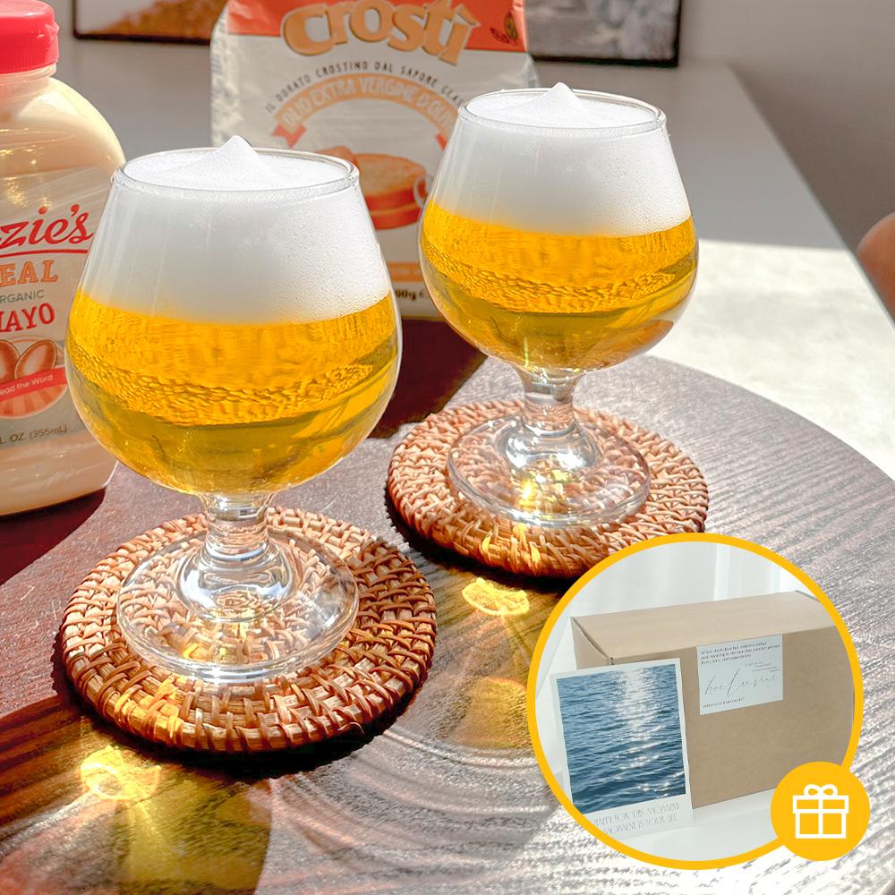 미니 맥주잔(260ml) 선물세트(컵2p+라탄컵받침2p+병따개1p) 유리 고블렛컵