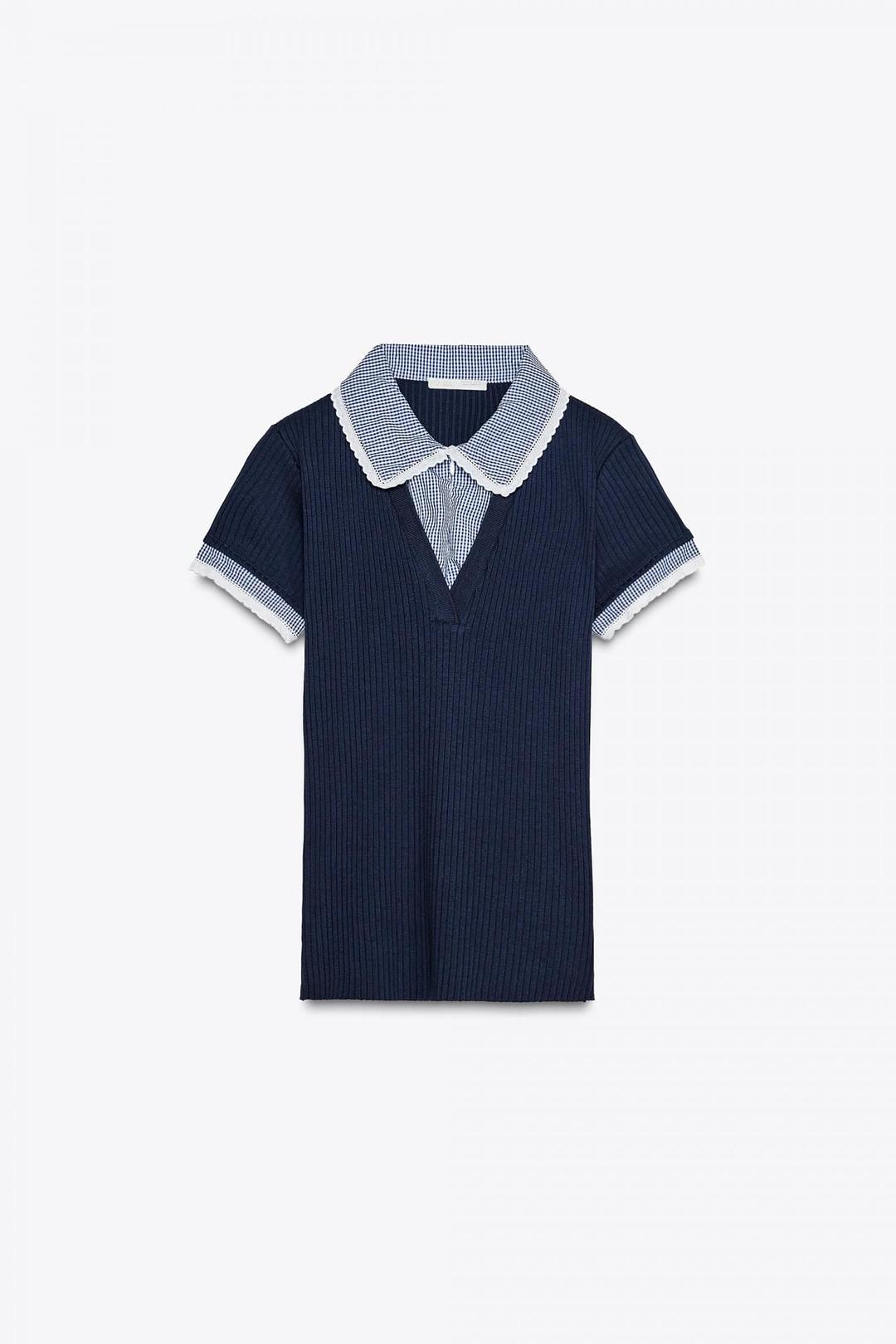 스페인샵 자라 피터팬 칼라 골지 티셔츠 0858/307 NAVY BLUE