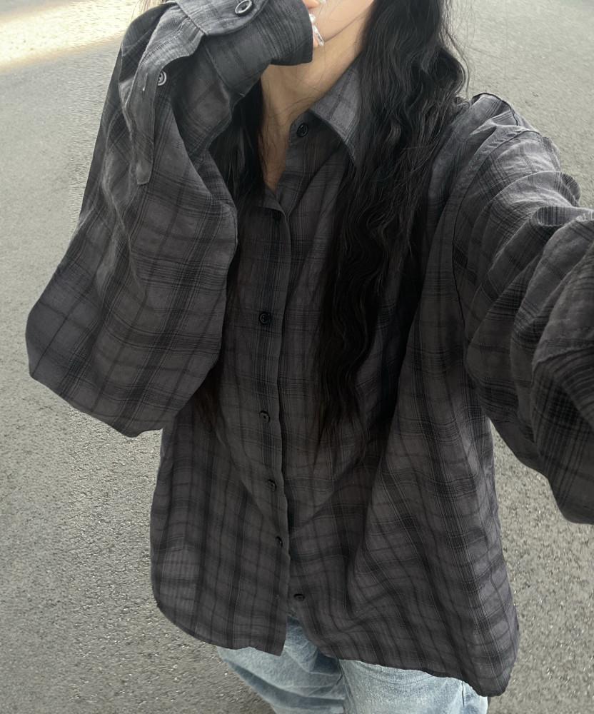 베인 코튼 오버핏 체크 긴팔 셔츠