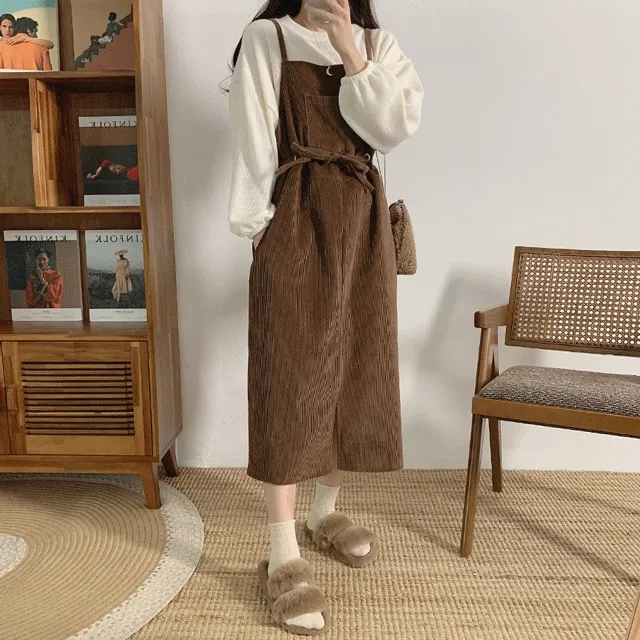 [🎀굿바이세일] 데이 스트링 골덴 뷔스티에 멜빵 롱원피스