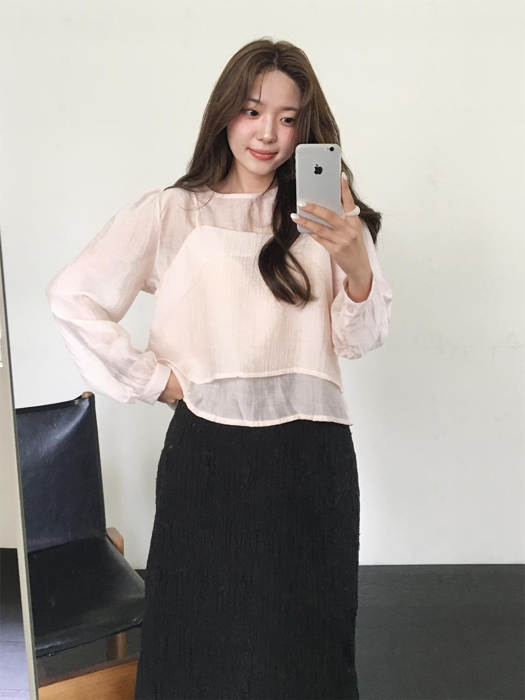 JJ지고트 긴팔 블라우스 + 크롭 뷔스티에 세트 (BABY PINK) GR9P0BLW11