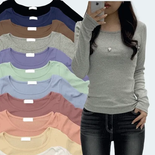 1+1할인[슬림여리핏/인생기본티] 밀크 베이직 슬림핏 여리핏 유넥 무지 긴팔티셔츠 긴소매티셔츠 (11Col)