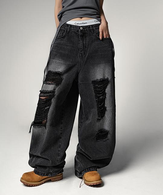 (UNISEX) 케시디 데미지 와이드 벌룬 데님 팬츠 DAMAGED WIDE BALLOON DENIM PANTS