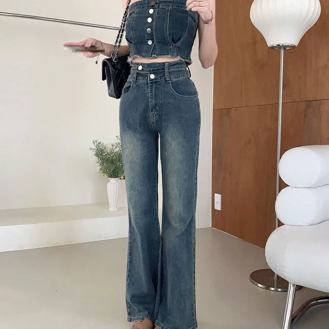 [ set구성 / 3size ]  시티 데님 뒷밴딩 튜브탑 와이드 팬츠 세트