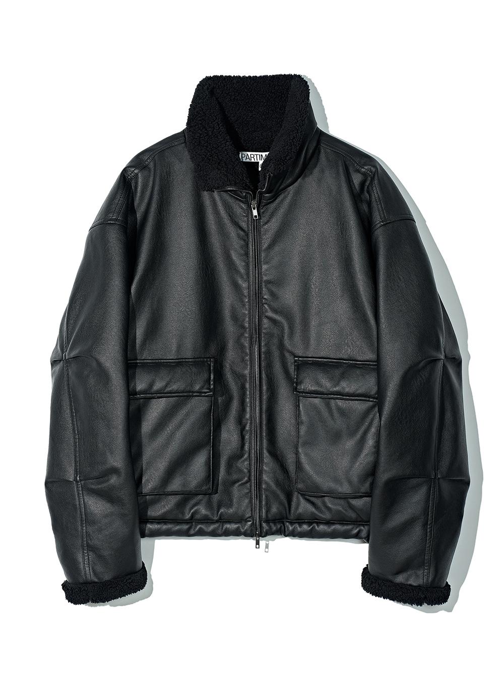 Leather Boa Fleece Mouton Jacket_Black