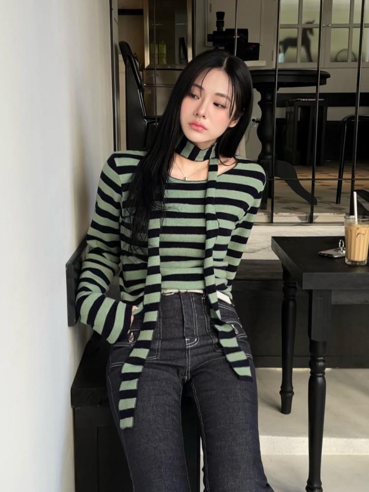 울스판 스트라이프 보트넥 티셔츠 스카프 세트 (3 color)