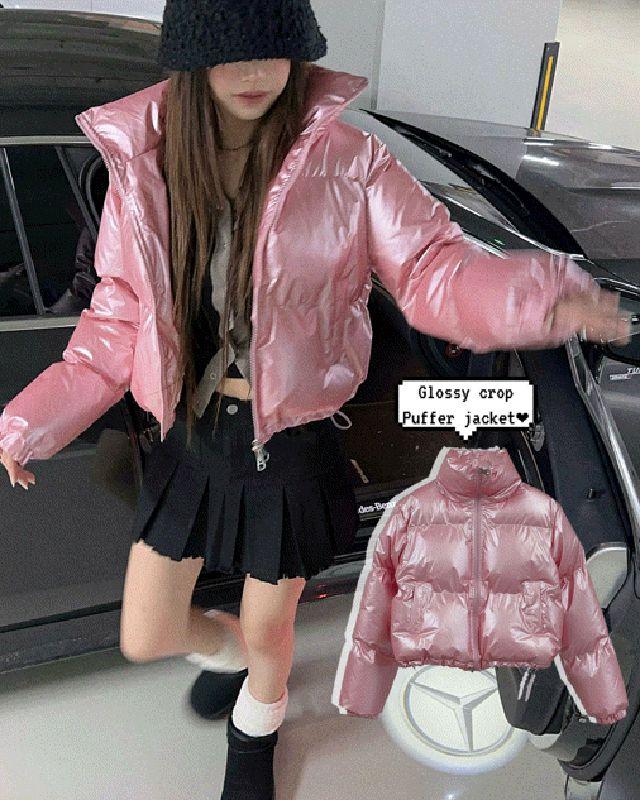 *3일특가* 펄 글로시 하이넥 크롭 숏패딩 - 하이 코팅 애나멜 유광 푸퍼 자켓 하이넥 투웨이 실버