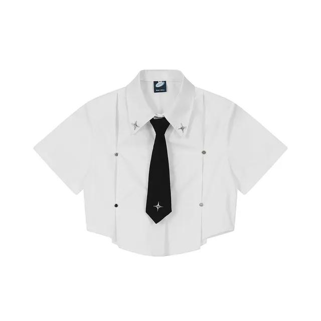 유니크 핀턱 크롭 타이 셋업 셔츠