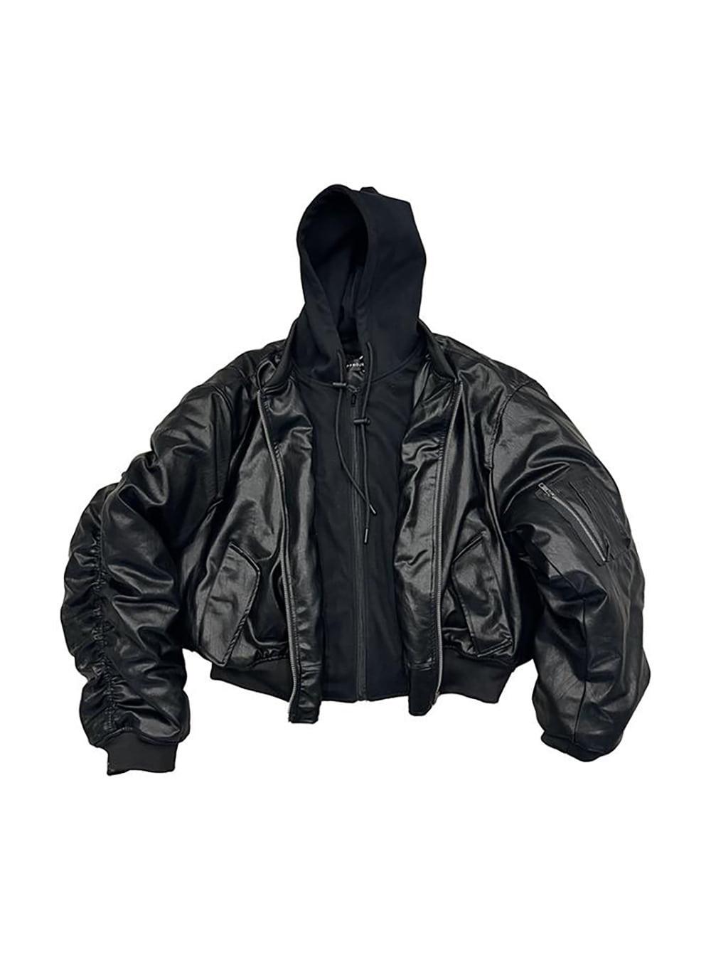 [POPPROJECT] Faux Leather Double-Layered Hooded Bomber Jacket
