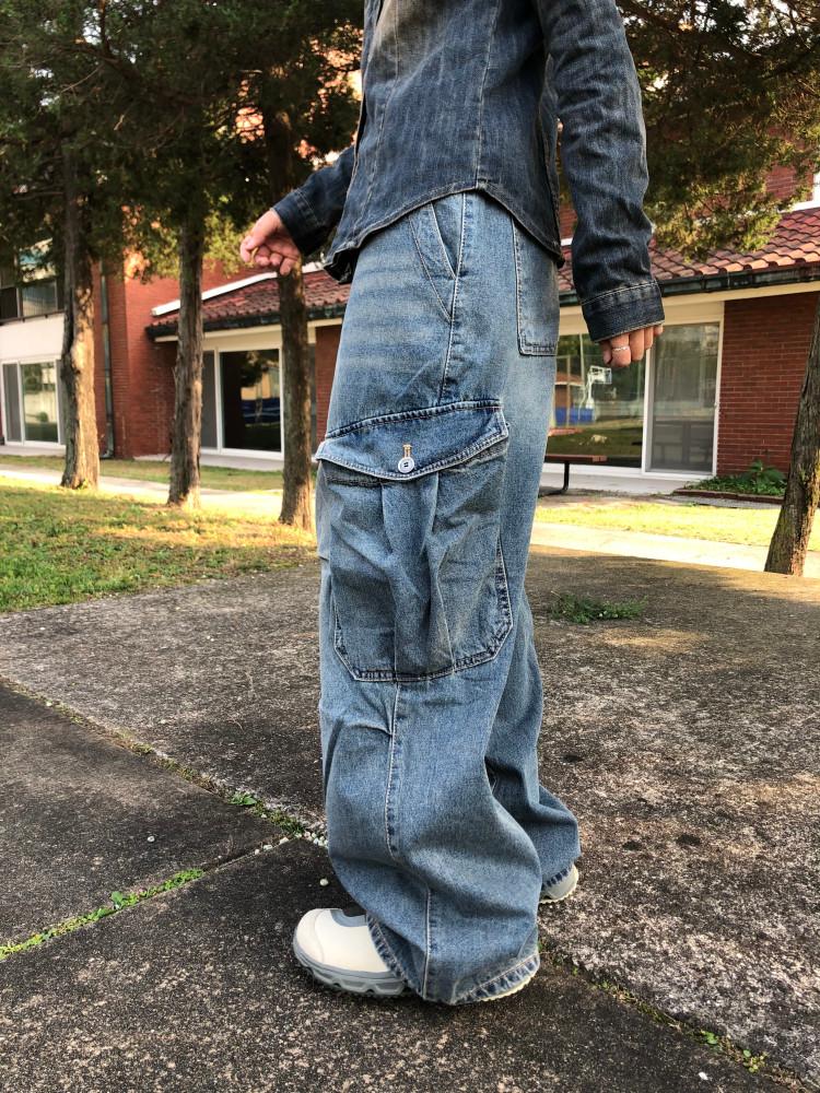 빅 카고 와이드 빈티지 핀턱 데님 팬츠 (2 color)