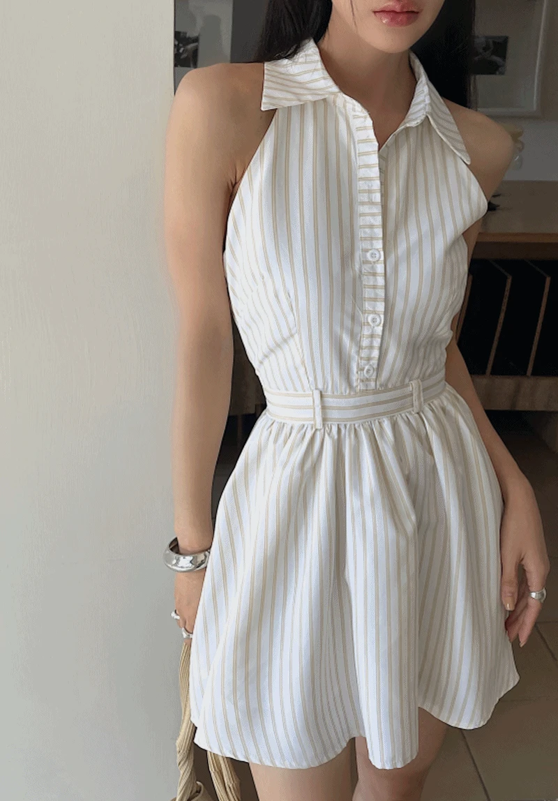 스트라이프 홀터 원피스