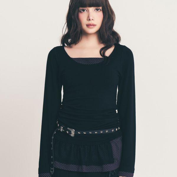 dot frill layered top / black