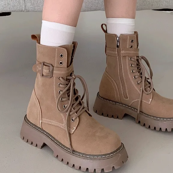 ◈쿠폰◈단하루세일◈유니크 베이지 스웨이드 통굽 워커 부츠 ds-0479