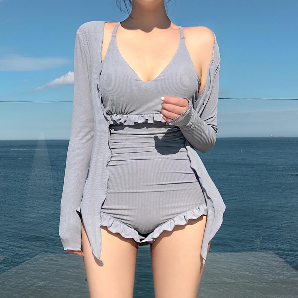 [무배/호캉스]골지 프릴 커버업 와이어 모노키니 수영복 세트 (그레이/블랙)