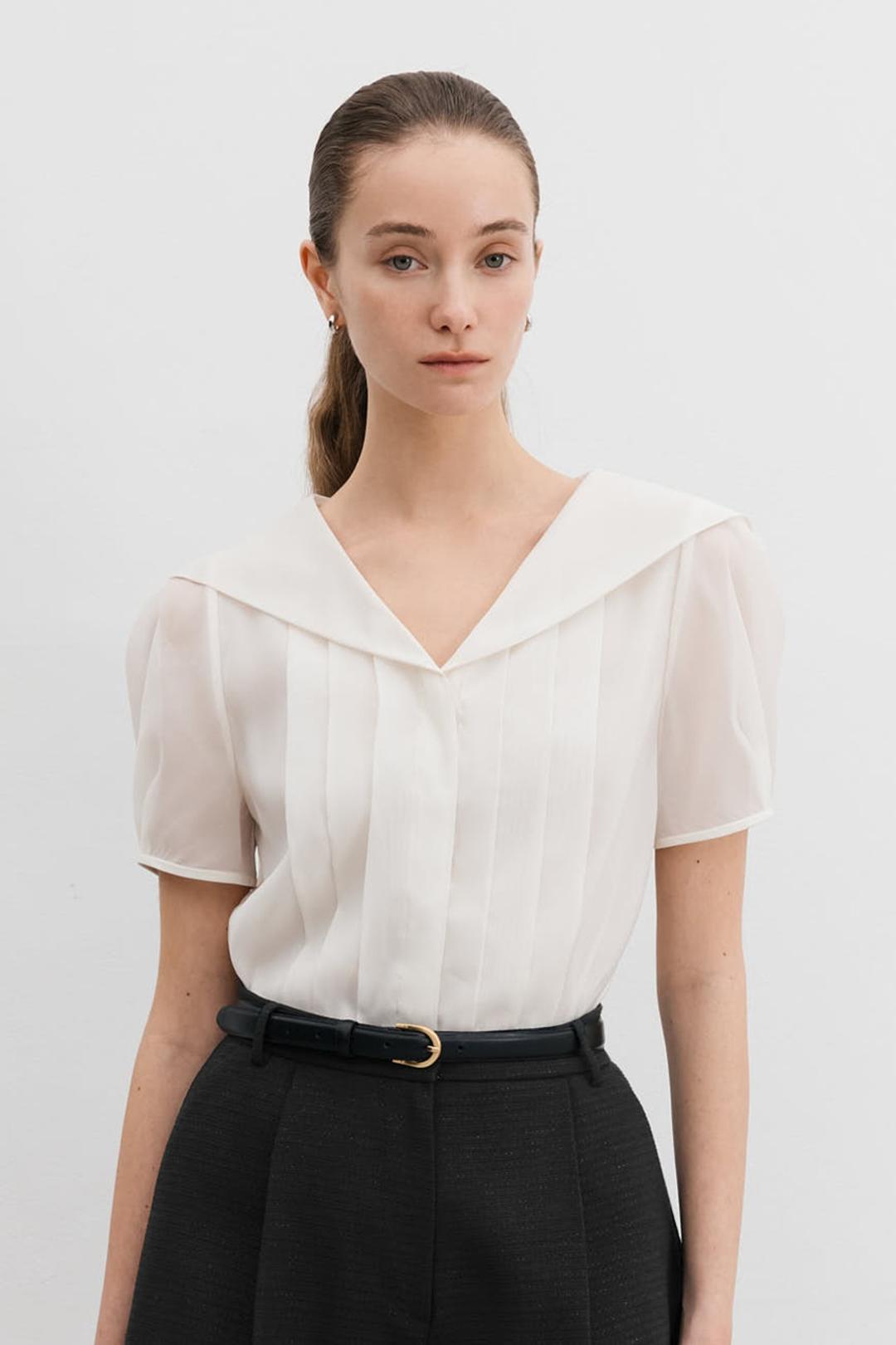 MELINA Sailor collar pin tucked organza blouse (Cream)