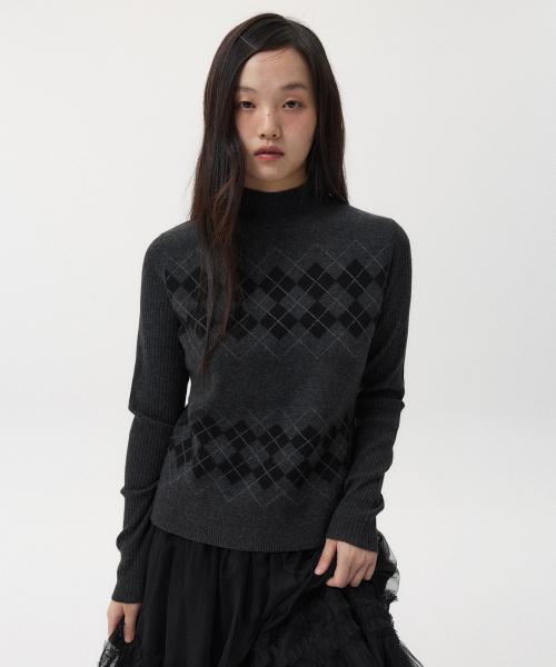 ARGYLE HALF NECK RIBBED KNIT, CHARCOAL