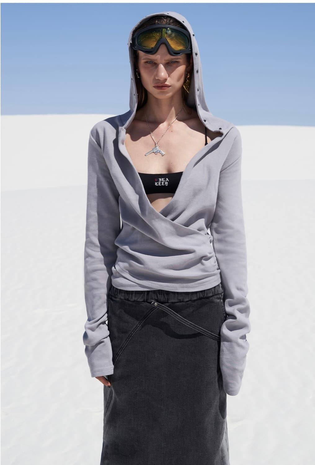 RIVET HOODIE SHIRRING ROBE TOP GRAY | 후루츠패밀리