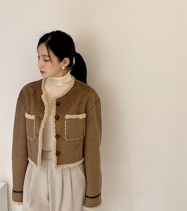 [2col] 스웨이드 노카라 양털 후리스 포켓 숏 무스탕