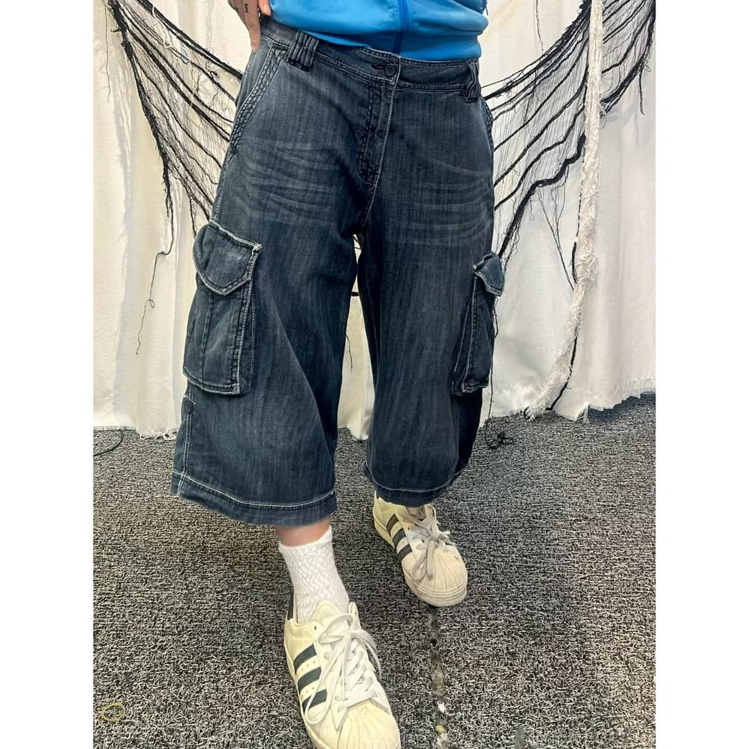 VINTAGE 스티치 데님 카고 와이드 반바지 | 후루츠패밀리