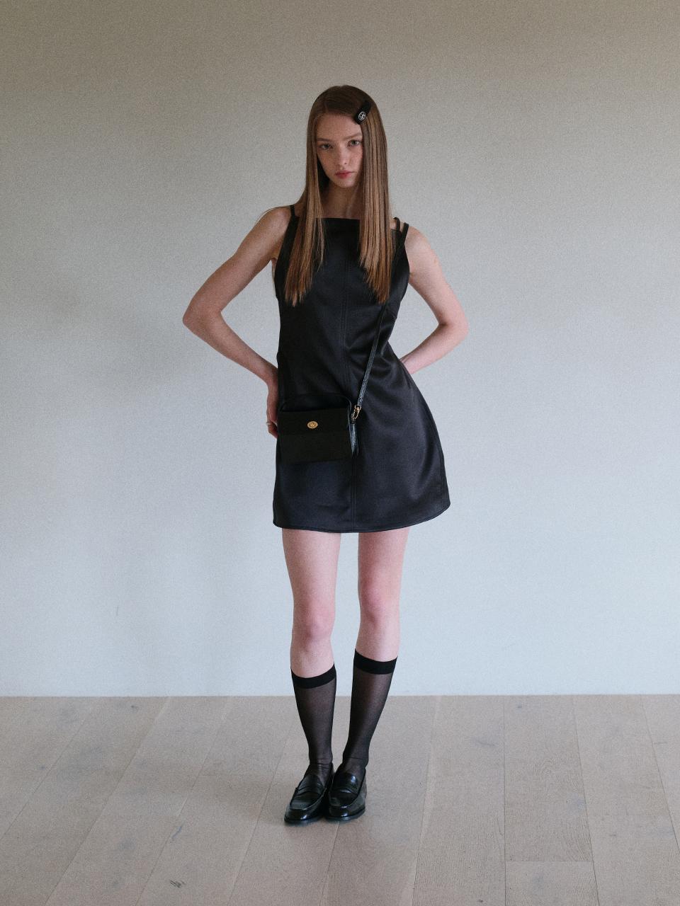 STITCHED SATIN MINI DRESS (BLACK)
