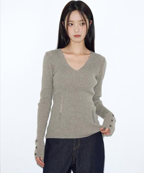 데미지드 브이넥 리브드 니트 [우드]