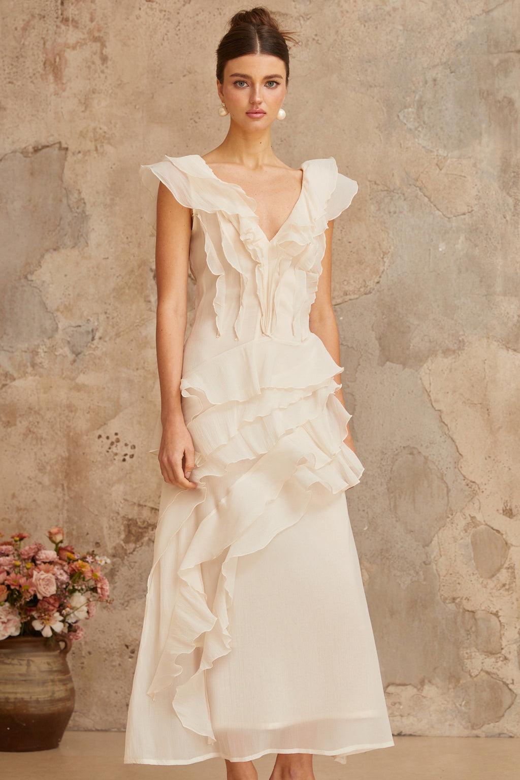 Hélène faux-flower layered ruffled maxi dress