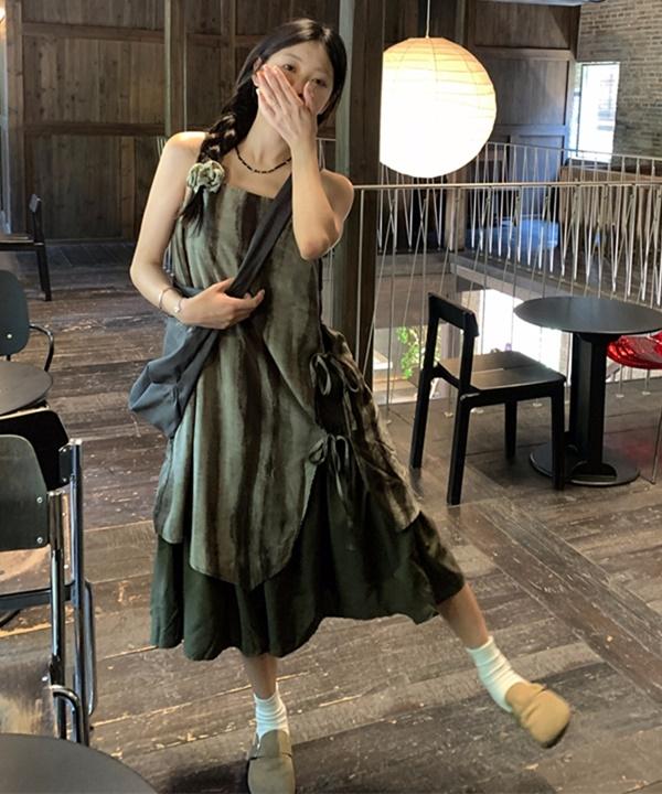 허니퓨어 [여름신상💙/레이어드set]뮤티드 물나염 페이크 레이어드 민소매 나시 롱 원피스
