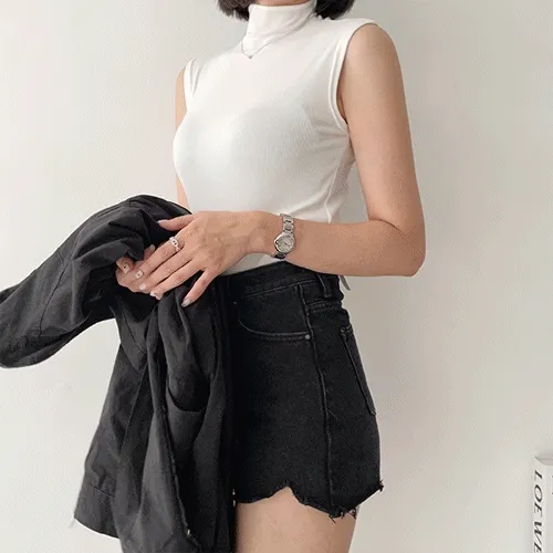 [찰랑~] 글레이즈 스판 골지 슬림핏 폴라 나시 티셔츠, 슬리브리스