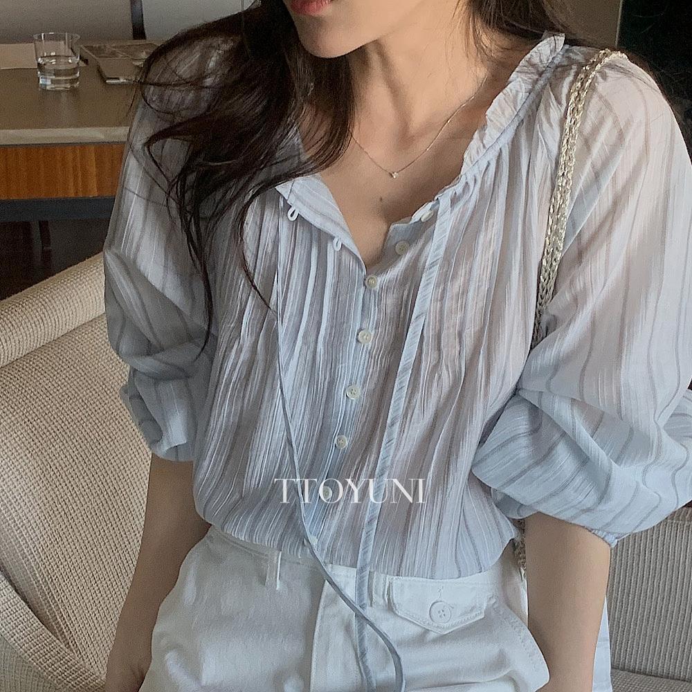 떠유니 미엘 miel 헤브 블라우스 프릴 스트라이프 긴팔 텐셀 봄신상 떠유니