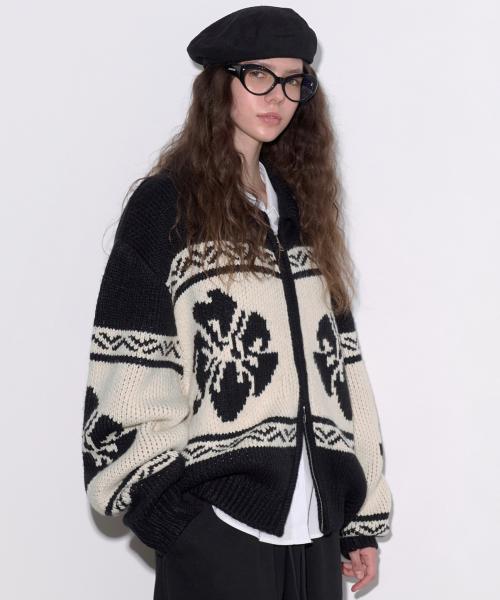 Flower Cowichan Cardigan - Black/Beige