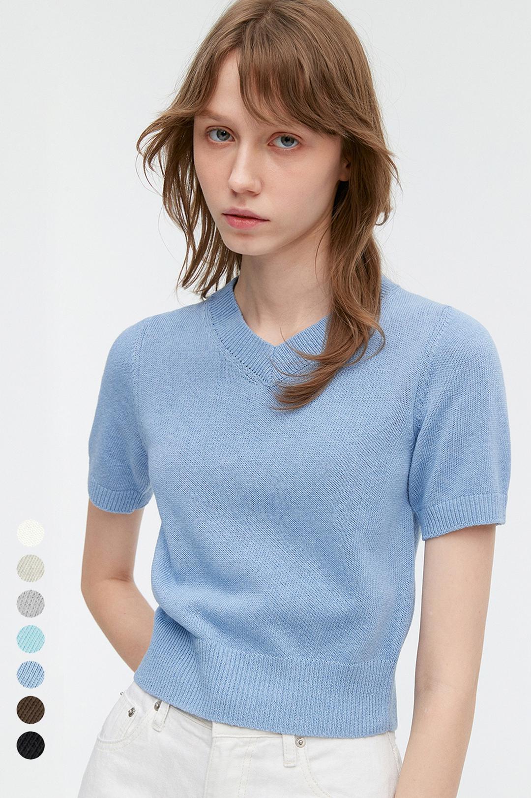 [From ITALY / 7color] 세미크롭 브이넥 반팔니트 MDKT045