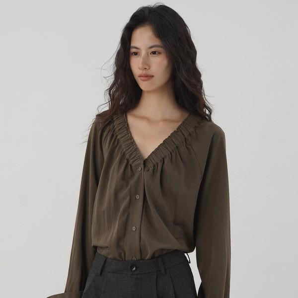 Shirred V-Neck Button Shirt