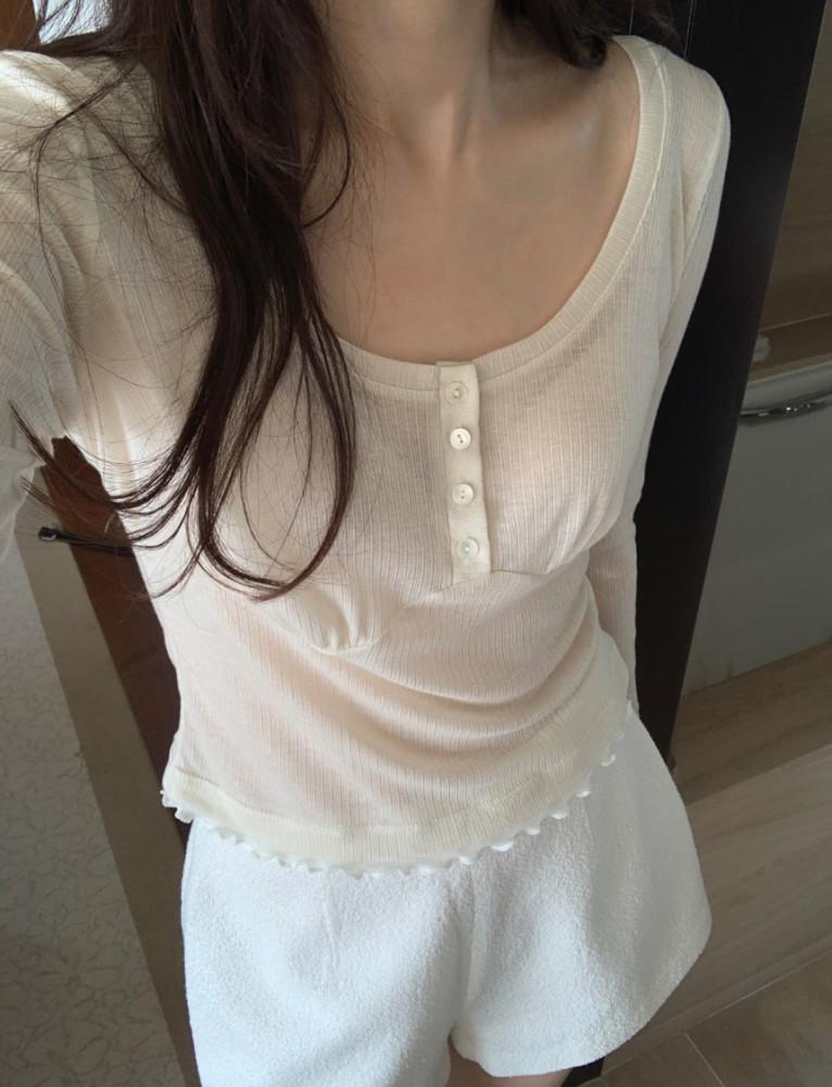 founders 파운더스 헬렌 티셔츠 헨리넥 골지 긴팔 프릴티