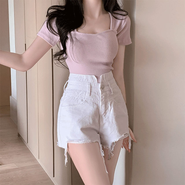 어니스 하트넥 골지 크롭 반팔 티셔츠 (연보라/아이보리/크림/블랙)