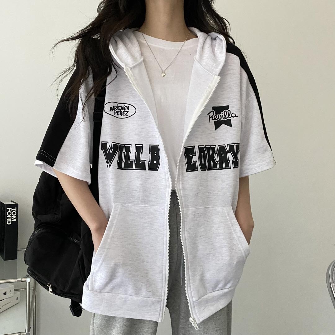 스윗라떼 [여름아우터/빅사이즈] 데일리 오버핏 월비 레터링 반팔 후드집업 3color