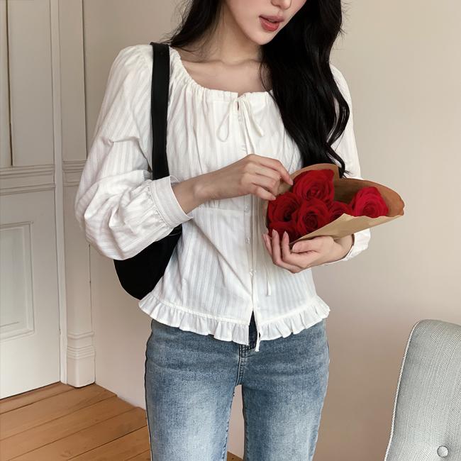 니썸 [2만장돌파🔥블라우스best][블라우스/긴팔블라우스/오프숄더/레이스/하객룩블라우스/하객룩/데이트룩/출근룩][MADE]러블린셔링블라우스 - 4color