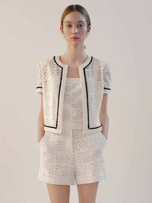 [SET]ELISE Crochet short sleeve jacket + MILLY Crochet bustier + RUTH Crochet shorts (Ivory)