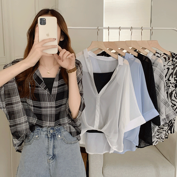 [1+1] 랜덤 끈 나시+ 시스루 7부 데일리 셔츠 - nb31393