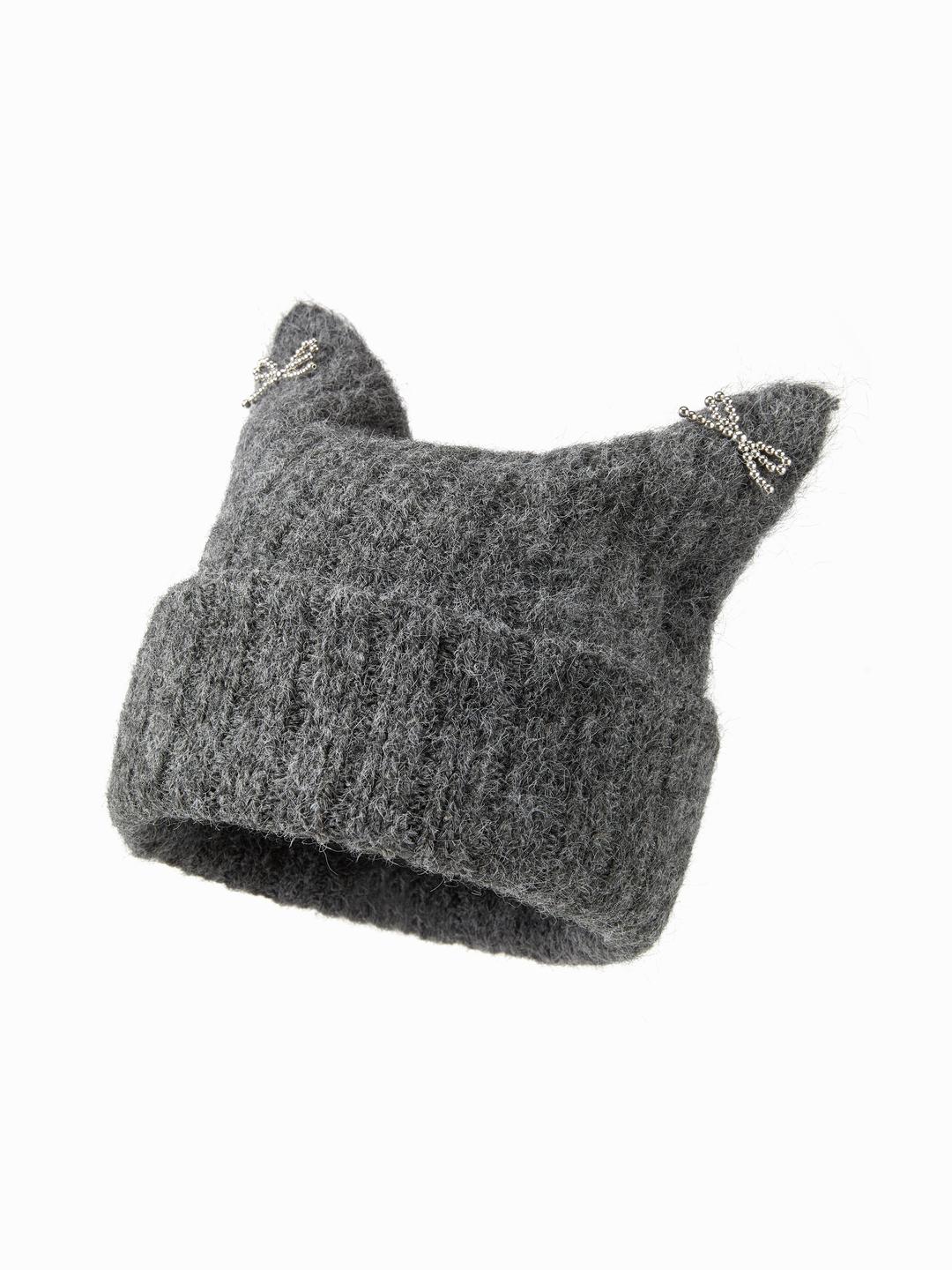 BOWKNOT DECOR CAT EAR KNITTED BEANIE HAT