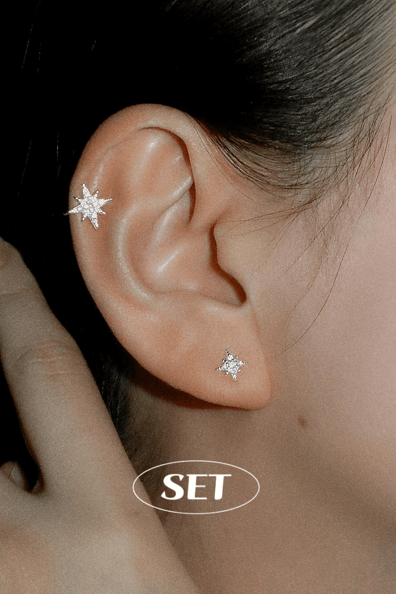 [SET] 925silver 별빛 피어싱 (1ea) & 별빛 귓바퀴 이어커프 귀찌(1ea) 세트