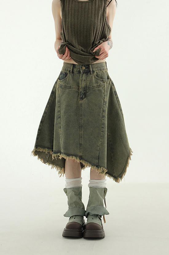 khaki blue unbal denim midi skirt